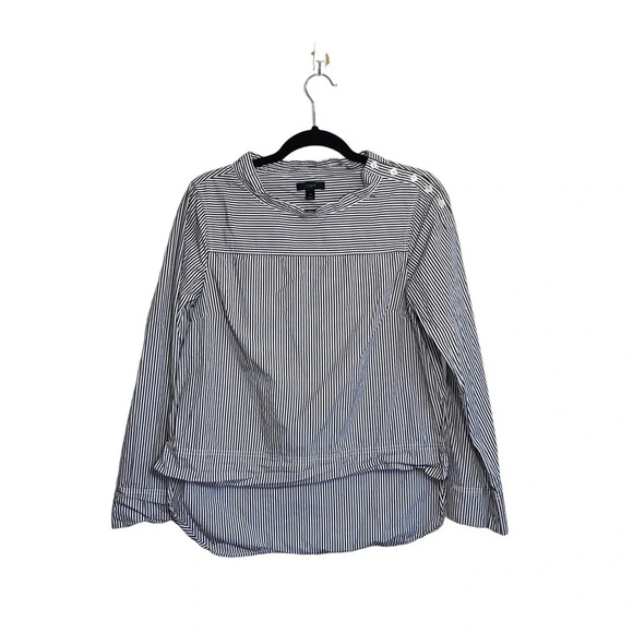 J. Crew 100% Cotton Navy Blue & White Striped Funnel Button Neck Top 6 Women’s - Picture 2 of 11